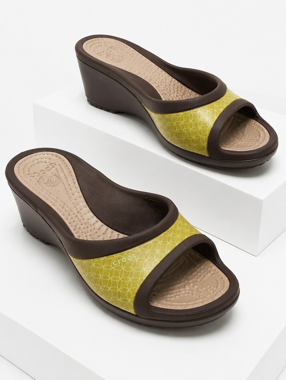 Crocs Sassari Wedge Slide Sandals Brown Lime Green Sz 10
